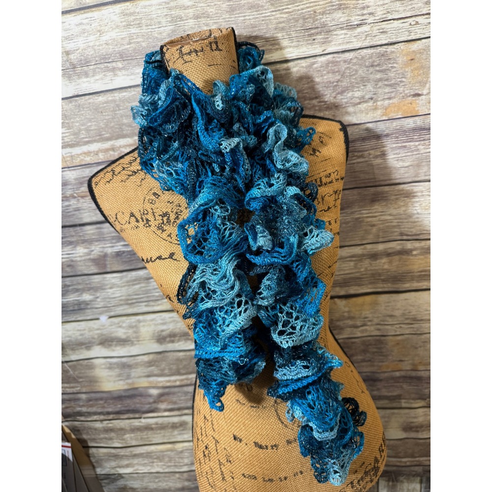 Y2K Blue Ombre Crochet Ruffle Scarf Metallic Shimmer Mesh Knit Long Scarf Boho